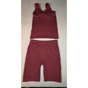 LuLaRoe Ribbed Workout Set Tank & Biker Shorts Burgundy S/M